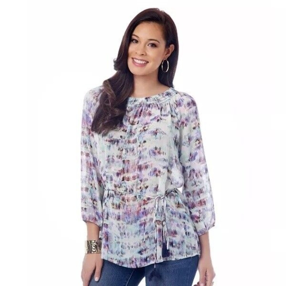 Daisy Fuentes Smocked Tunic Top XL Pullover Sheer Blouse Tasseled 3/4 Sleeve